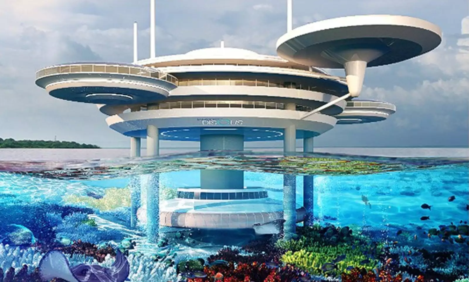 Los Emiratos Árabes Unidos quieren crear el mayor hotel submarino del mundo. Dubai dio a conocer sus planes en 2012. La parte del hotel Water Discus que sobresale del agua parece un opulento grupo de ovnis — aunque con una cubierta para tomar el sol. Deba