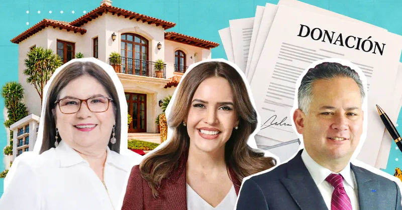 Imelda Castro Castro, Clara Luz Flores y Santiago Nieto. Al fondo una propiedad y una documento de donación. 