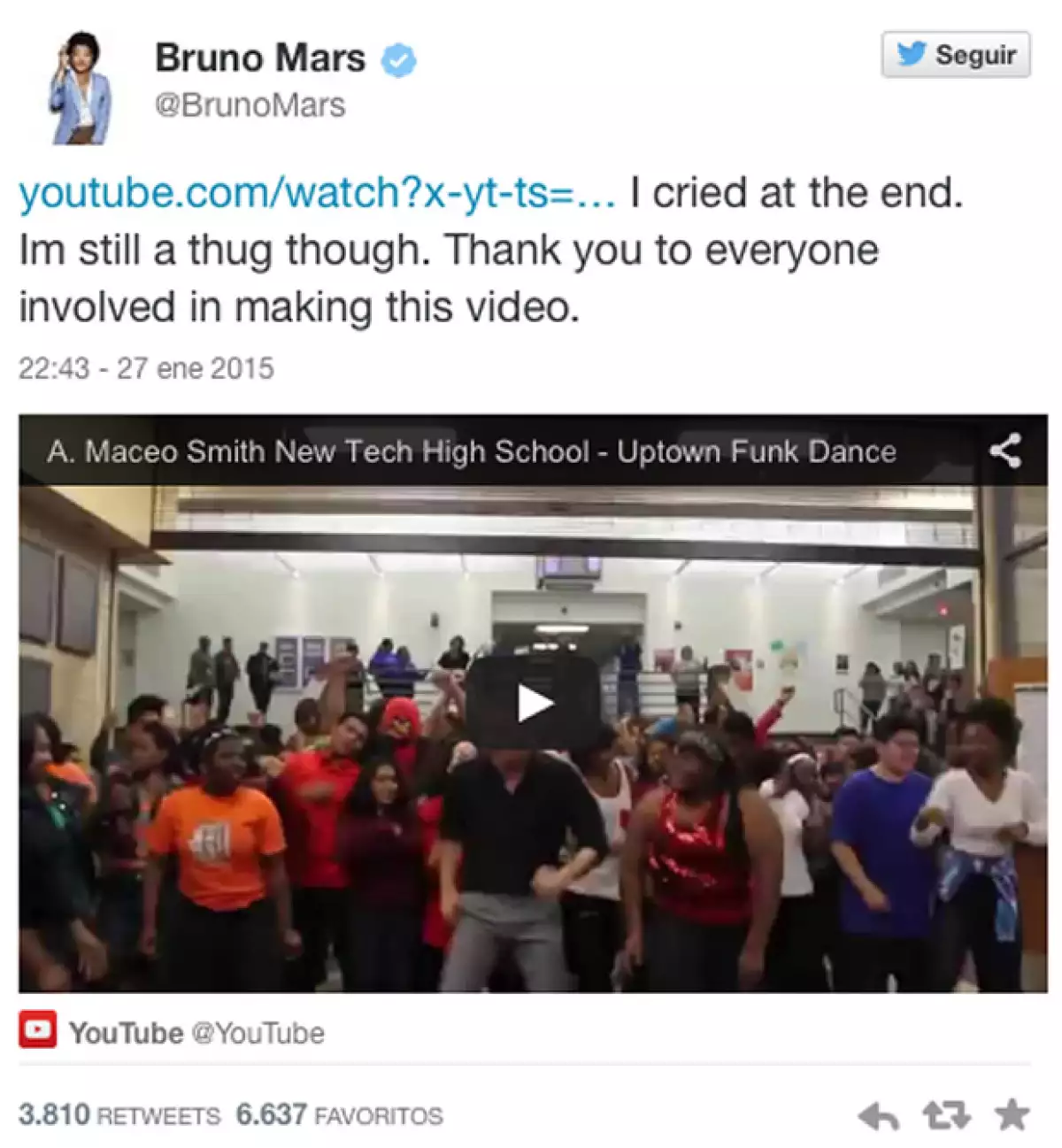 El cantante agradeció en Twitter a los estudiantes de una escuela de Dallas y a su profesor que grabaron una versión de la canción “Uptown Funk” del cantante de Hawái.