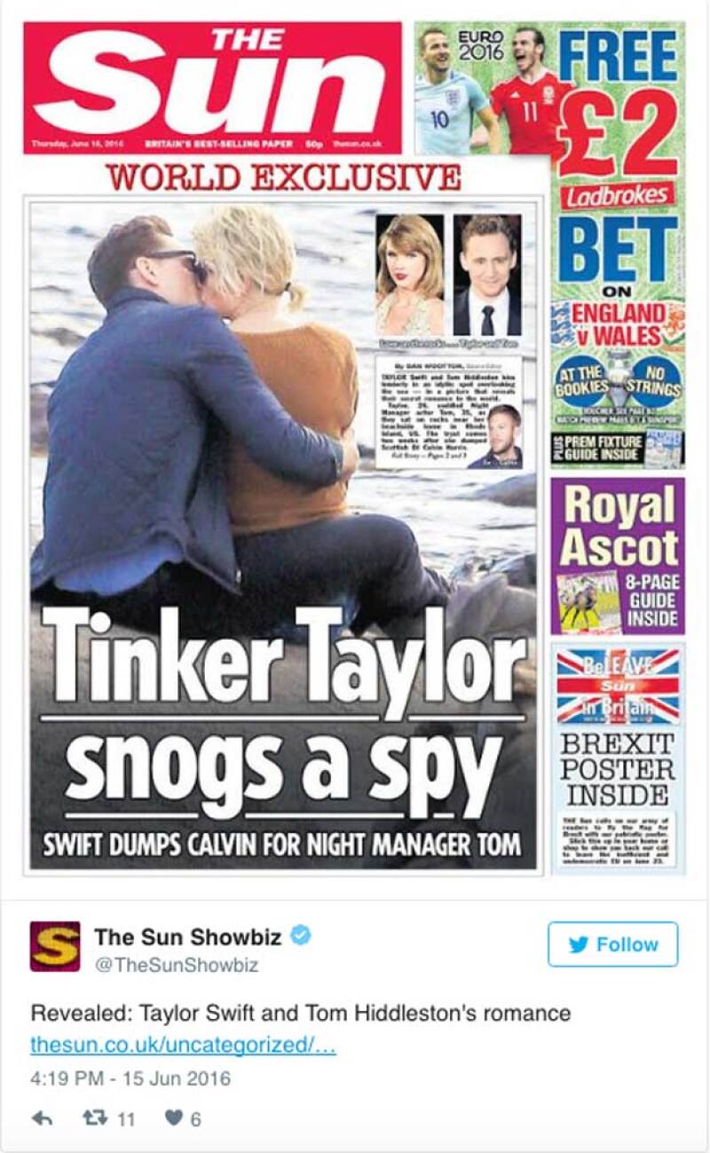 The Sun destapó el romance entre Taylor y Tom, el cual habría iniciado sólo unos días después de que la cantante anunció su truene con Calvin Harris.