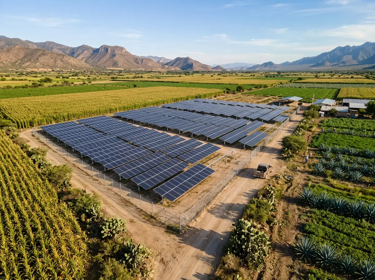 paneles solares en un campo con pareclas y una comunidad al fondo.