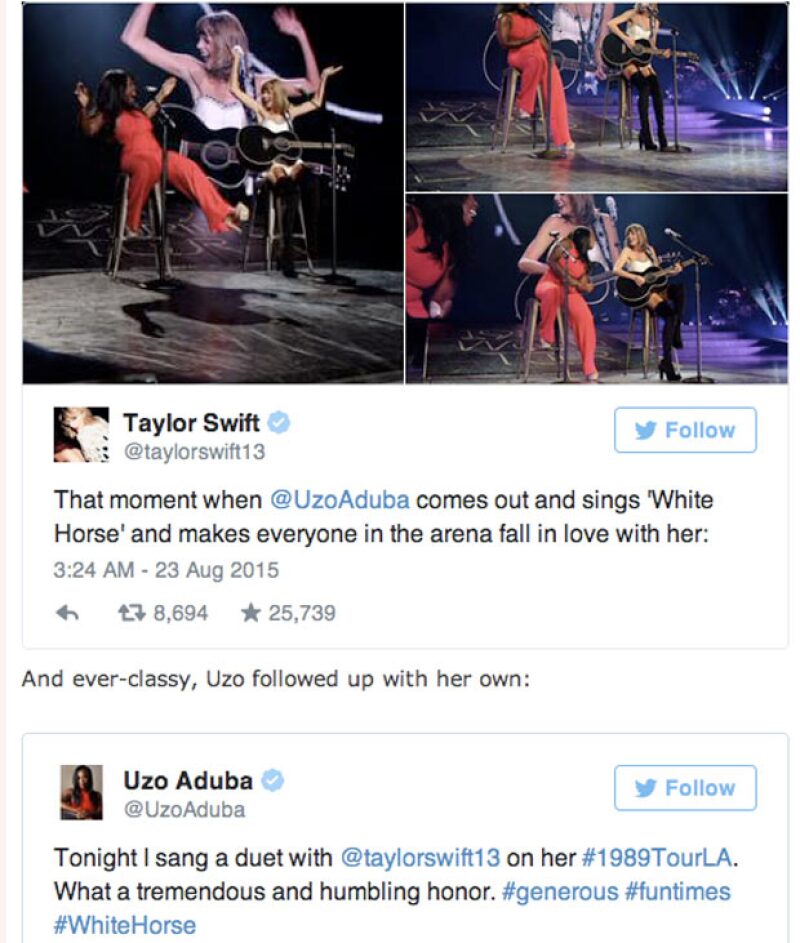 Taylor Swift y Uzo Aduba cantaron White Horse en Los Angeles en el Staples Center. Después de eso comentaron el twitter la experiencia.