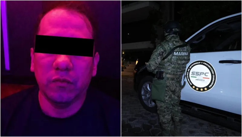 A la izquierda el rostro de Govén Ulisses “N”, “El Amarillo”, con los ojos cubiertos de negro tras su detención. A lado derecho, un militar sostiene su arma junto a una patrulla de la SSPC.