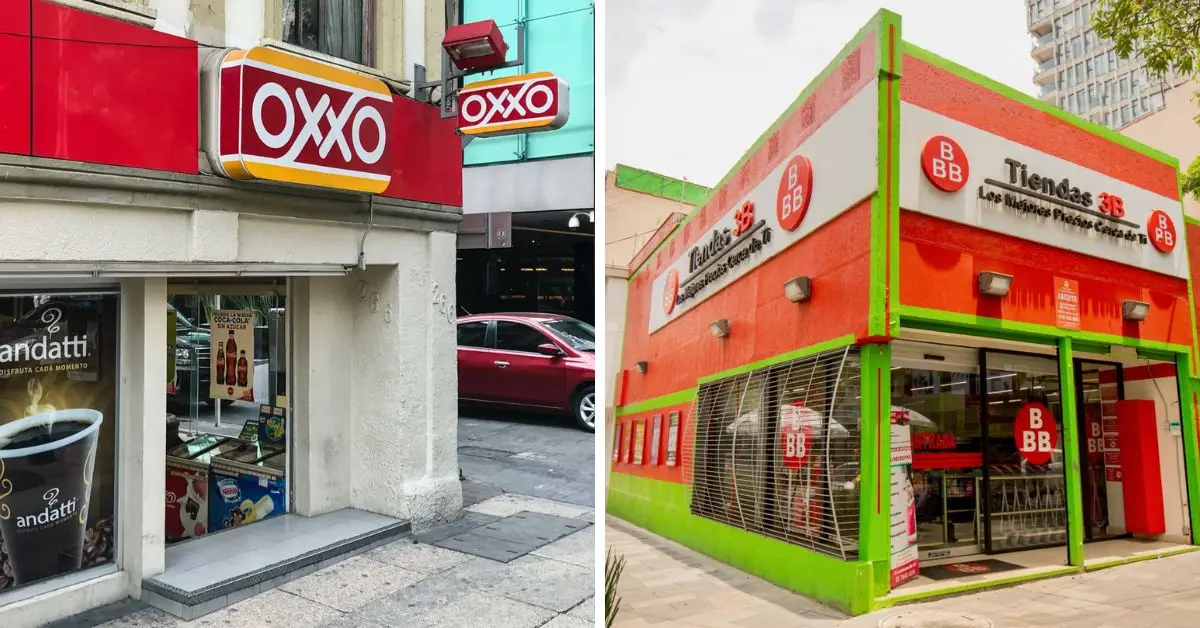 Exterior de una sucursal de Oxxo y una de Tiendas 3B.