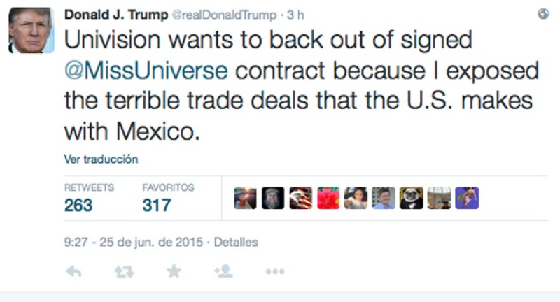 El padre de Ivanka Trump también acusó a Univisión de quererse deslindar del contrato con el programa Miss Universo por exponer los negocios entre Estados Unidos y México.