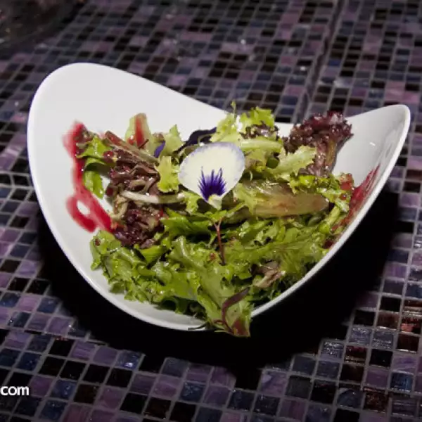 Ensalada de lechugas mixtas orgánicas con brotes y flores comestibles y gastrique de frambuesa