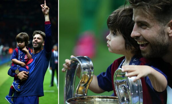 El defensa del Barcelona se mostró eufórico en el Olímpico de Berlín tras la victoria de su equipo, junto con su hijo Milan.