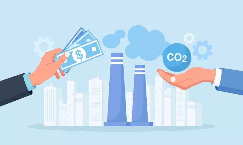 Businessman Paying Carbon tax. GHG Payment as Environmental Fee to Reduce CO2. Greenhouse Gas Cost of Emission or Pollution, Charged for Global Warming. Factory Pipe Emitting Toxic Smoke