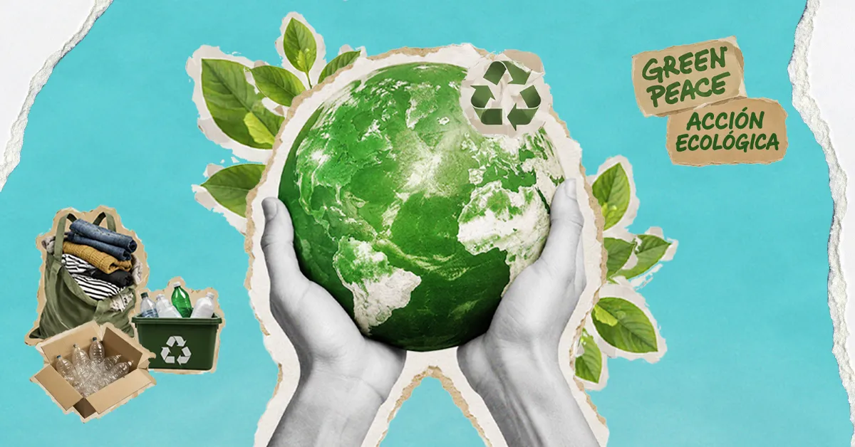 Fotoarte sobre economía circular con un planeta verde sostenido por manos, símbolo de reciclaje, hojas y contenedores con botellas y ropa para reciclar, generado con IA.