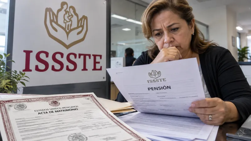 Mujer revisa documentos de pensión y un acta de matrimonio en una oficina, con el logotipo del ISSSTE visible en primer plano.