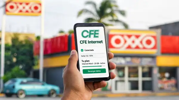 La fachada de una tienda OXXO y una persona sosteniendo un celular en el que se ve la interfaz de CFE Internet.