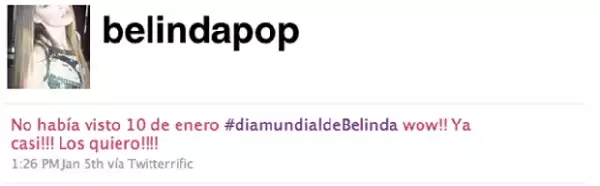 Belinda siempre está al tanto de sus fans por medio de su cuenta de Twitter.