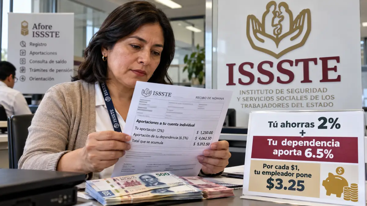 Trabajadora revisa un recibo de nómina en una oficina del ISSSTE, junto a billetes mexicanos y un aviso sobre aportaciones para el retiro.