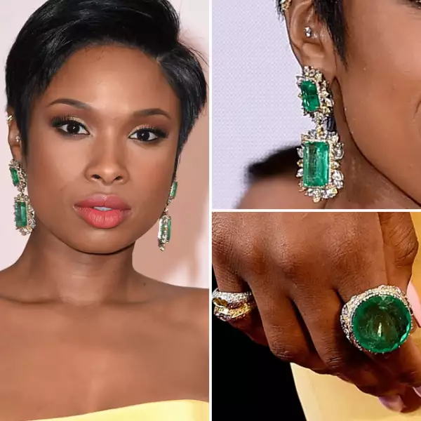 Jennifer Hudson deslumbró con aretes y anillo con esmeraldas de Lorraine Schwartz.