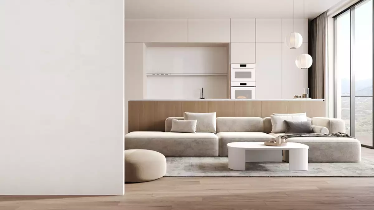 Empty wall and modern kitchen interior with dining area and sofa, 3D Rendering