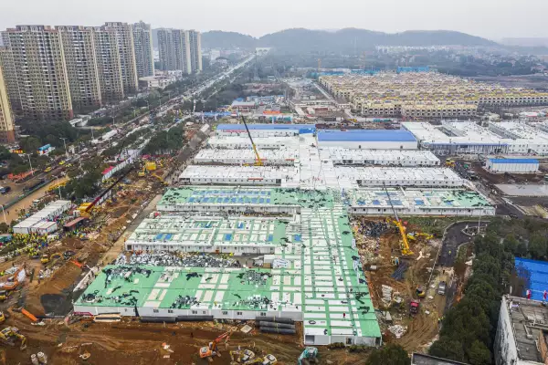 Aerial view shows the newly completed Huoshenshan Hospital, a dedicated hospital built in 8 days to treat coronavirus patients, in Wuhan