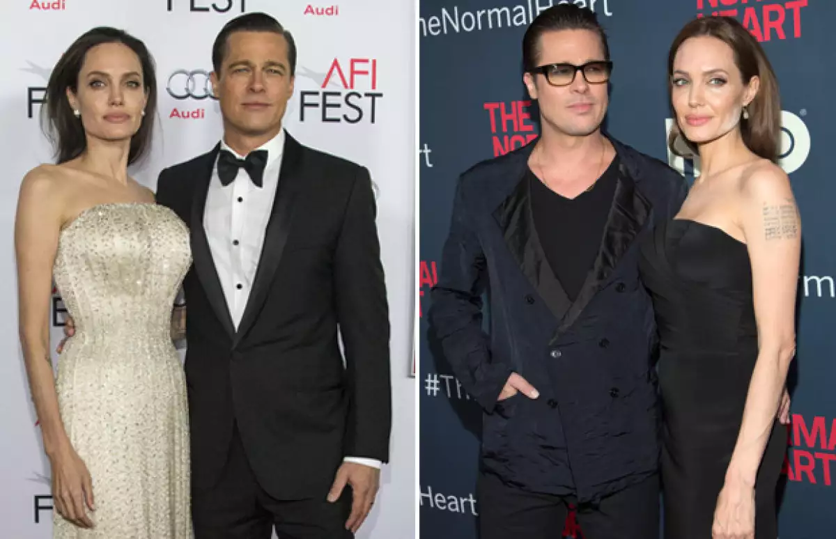 Según el tabloide británico, Brad está haciendo todo lo posible por ayudar a su esposa. Aquí el cambio de Angelina de su aparición en red carpet hace unas semanas en la premiere de By The Sea, a la premiere de The Normal Heart hace un par de años.