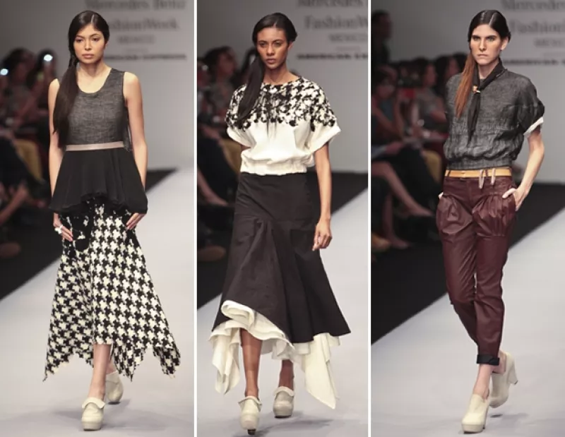 Volantes, vestidos a blanco y negro y estilos urbanos sobresalieron en la primera jornada el marco de moda capitalino Mercedes-Benz Fashion Week México.