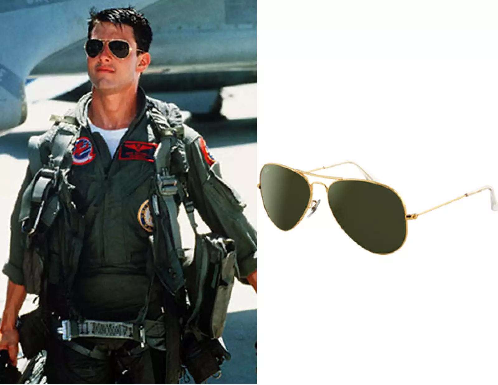 Nadie olvidará a Tom Cruise con su atuendo de piloto y aviators de RayBan en Top Gun.