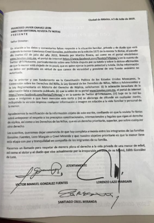 Carta firmada por Lorenzo Lazo, Víctor Manuel González y Santiago Creel.
