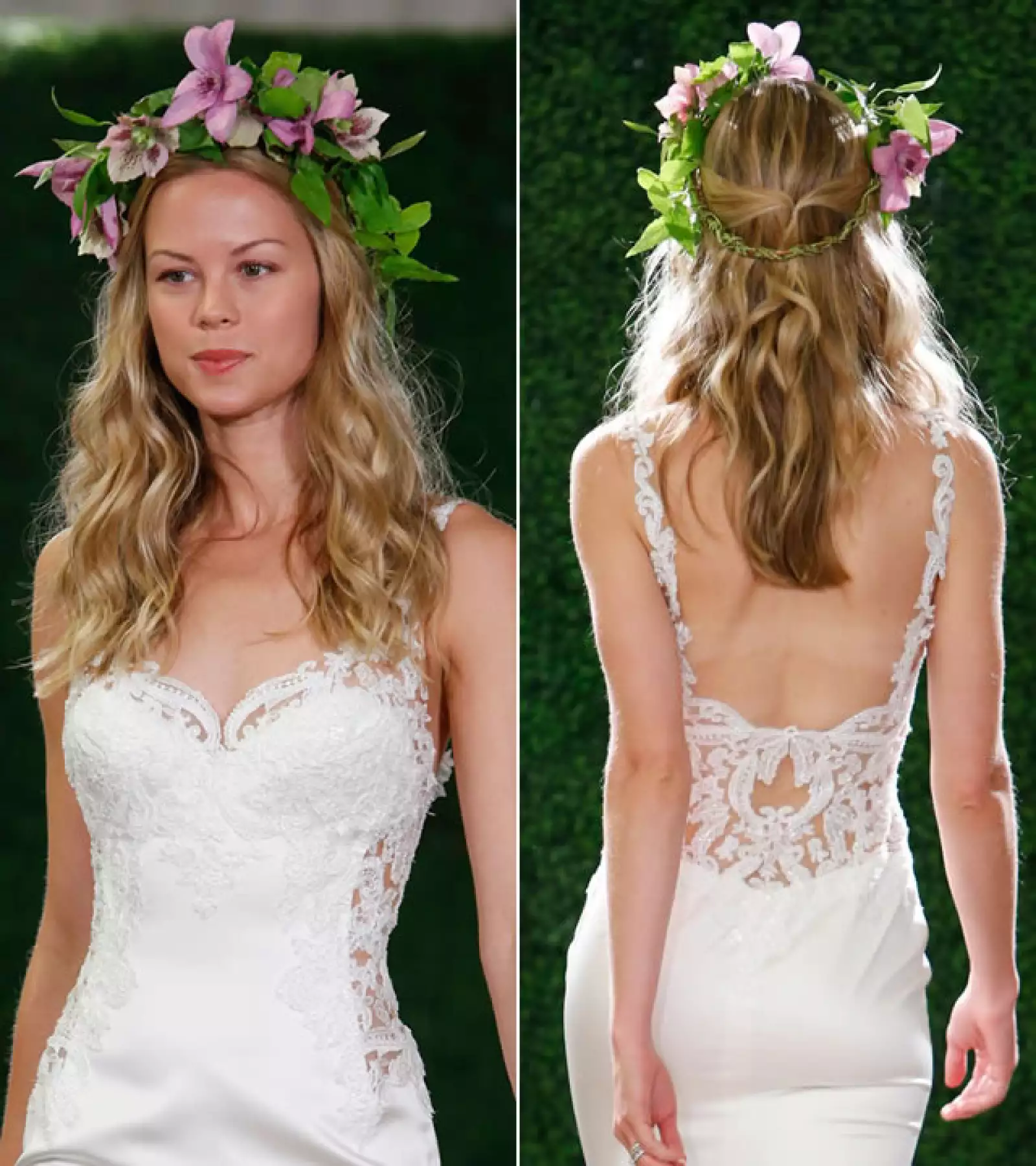 Watters: Puedes llevar una corona de flores para una boda de día. Lleva el pelo en una media cola y el pelo ondulado para lucir natural y fresca.