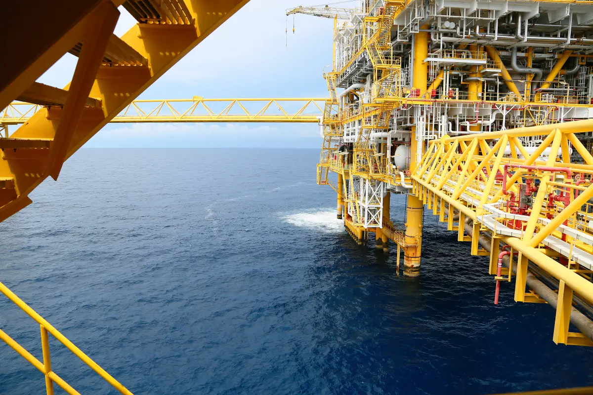 Offshore construction platform for production oil and gas. Oil and gas industry and hard work industry. Production platform and operation process by manual and auto function from control room.