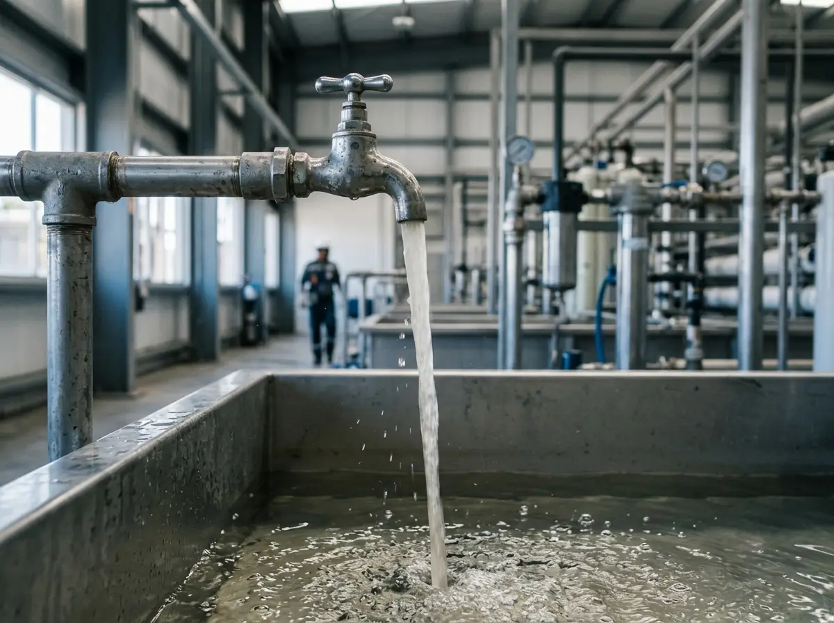 Grifo de agua abierto y en el fond una instalación de una fábrica.