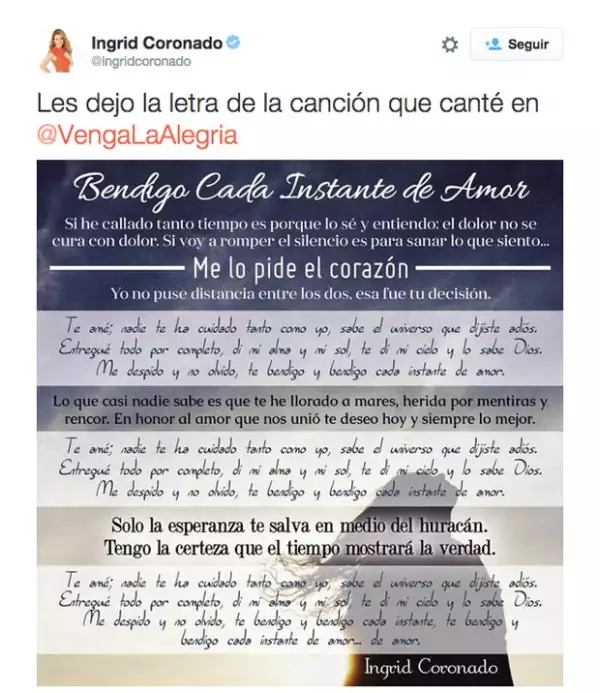 La cantante expresó su sentir a través de una canción que comparitó en su perfil de Twitter tras haberla interpretado en La Academia de Venga la Alegría.