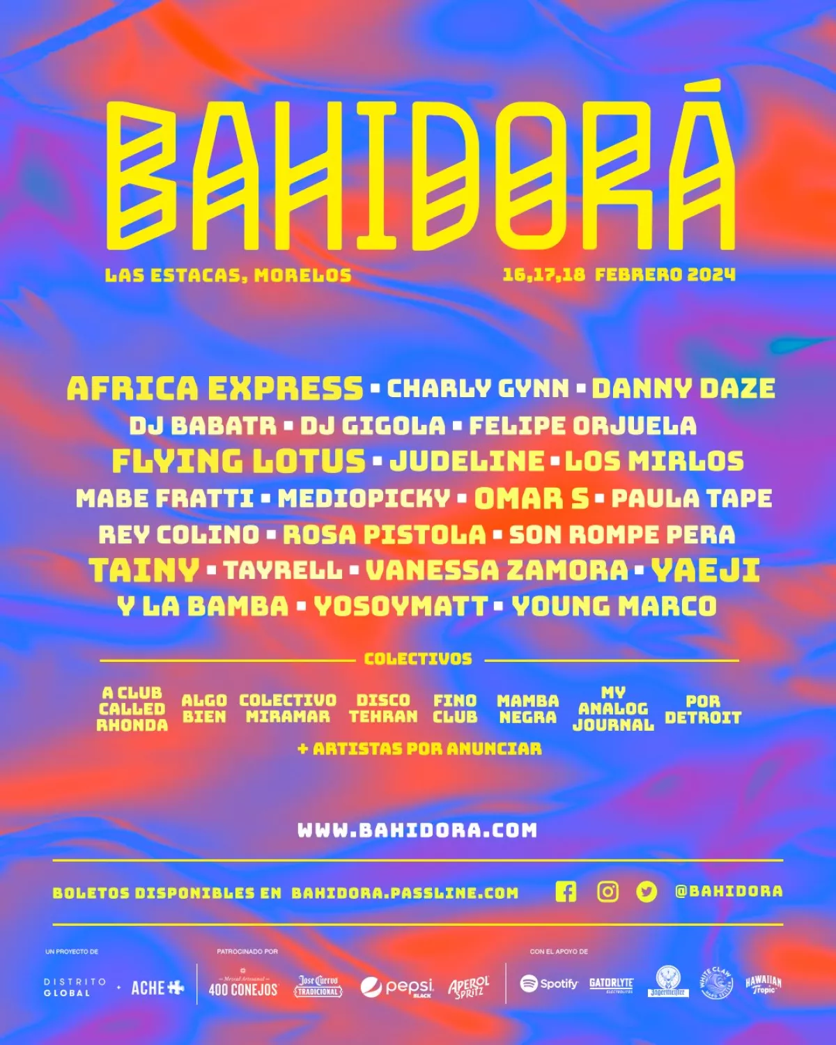 El cartel completo de Bahidorá 2024 incluye artistas como Africa Express, Flying Lotus, Rosa Pistola, Los Mirlos, Tainy y más.
