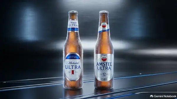 Imagen que presenta, al centro y sobre una plataforma metálica reflectante, dos botellas heladas de vidrio ámbar cubiertas de escarcha y gotas de condensación: a la izquierda, **Michelob Ultra** con su distintiva etiqueta blanca, tipografía en azul cobalto y el acento rojo central; y a la derecha, **Amstel Ultra** con su presentación en tonos plateados, azulados y su escudo circular. La escena está enmarcada por una iluminación industrial de estudio en tonos azul profundo y gris con sutiles líneas de neón, resaltando de forma dramática la confrontación directa y la rivalidad comercial entre ambas marcas *ultra*.