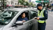 Policía de tránsito de la Ciudad de México conversa con un automovilista durante una revisión en una calle de la capital.
