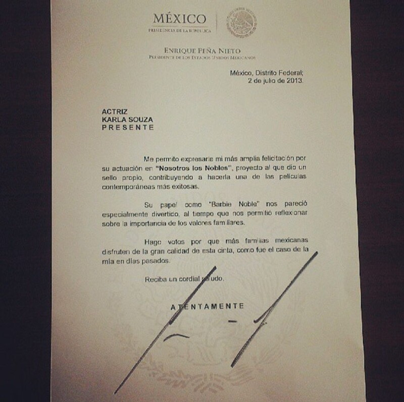 La actriz compartió en Instagram la carta que le envió el presidente Enrique Peña.