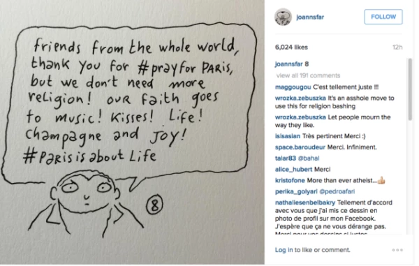 Las ilustraciones de Joann Sfar, se confundieron con publicaciones de una revista francesa llamada Charlie Hebdo.
