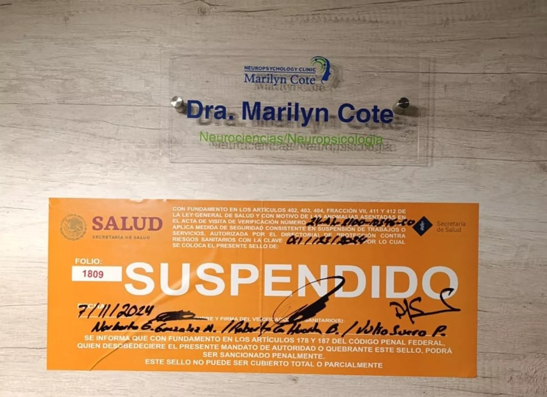 Clausuran consultorio de Marilyn Cote