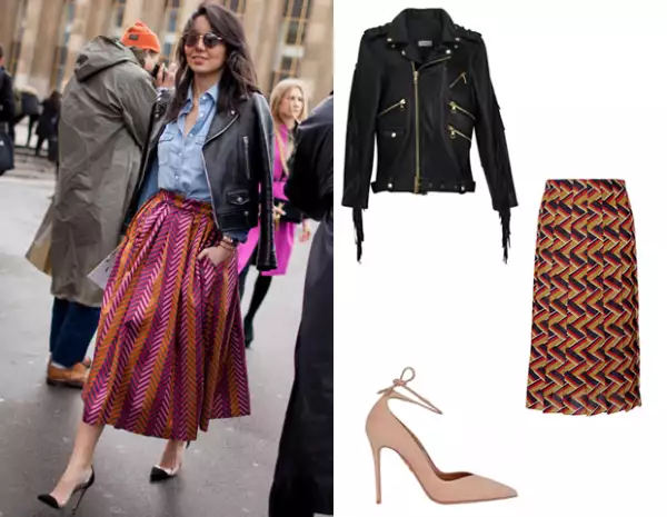 Busca estampados alternativos como el chevron. (Crédito: Chamarra de Alexia Ulibarri, Falda Gucci y Zapatos Allure de Aquazzura en Gran Vía).