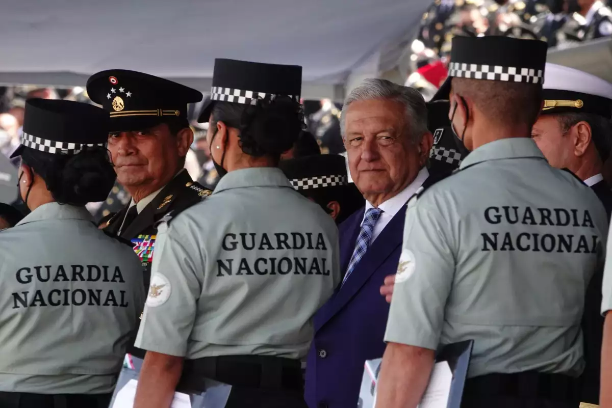 Andrés Manuel López Obrador durante la ceremonia del 3er aniversario de la Guardia Nacional.