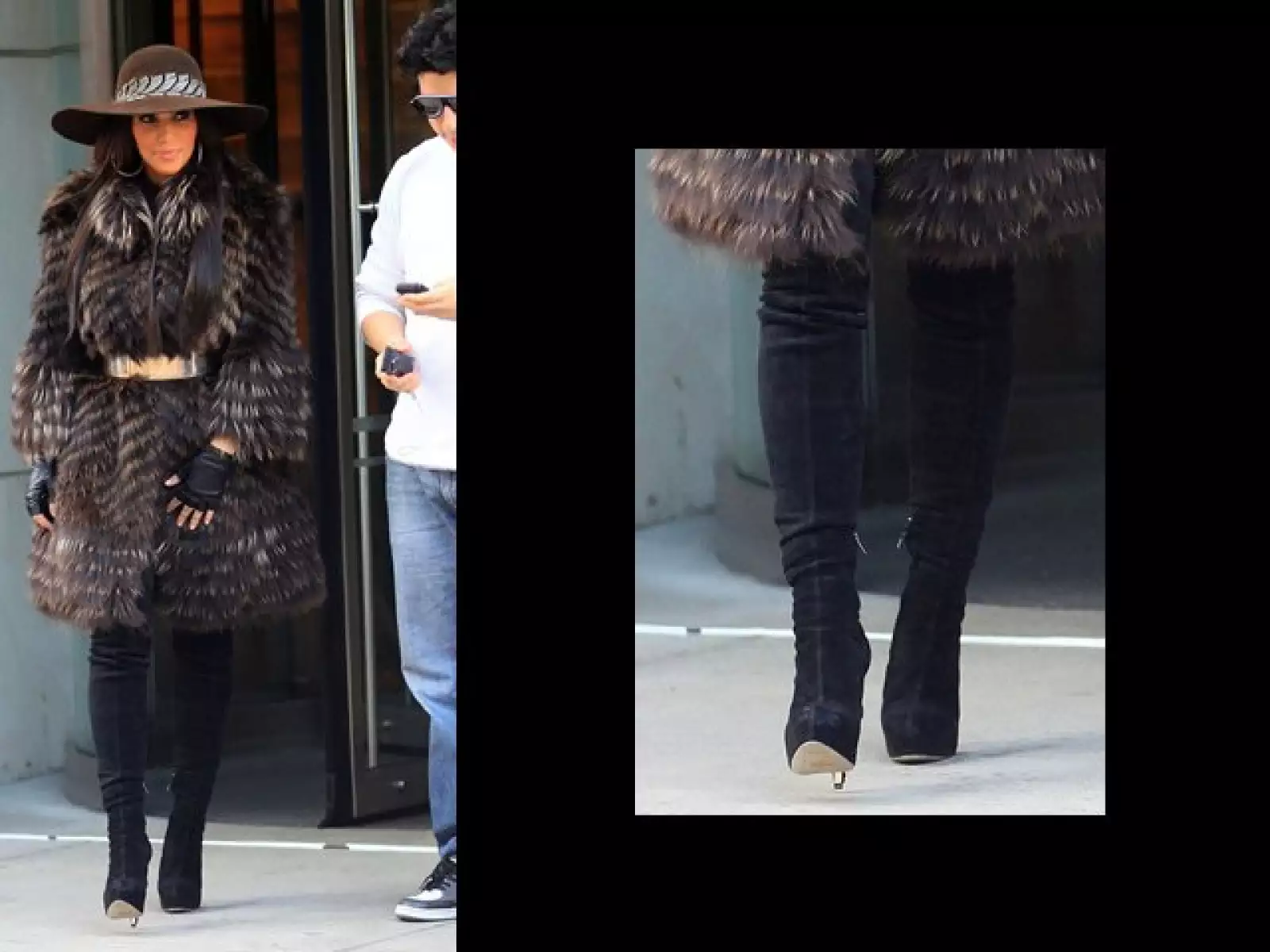 Kim Kardashian se ve súper chic con sus knee high boots de gamuza negra.