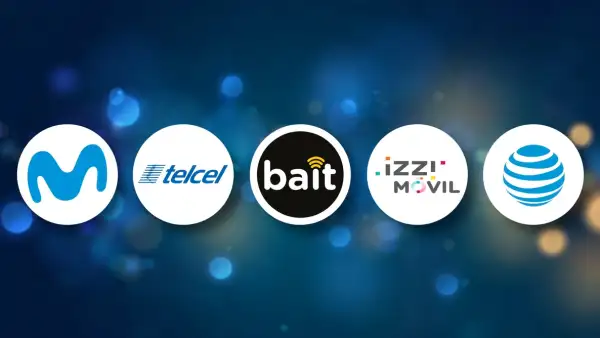 Logos de Movistar, Telcel, Bait, Izzi Móvil, AT&T en círculos, sobre un fondo azul con destellos amarillos y azules.