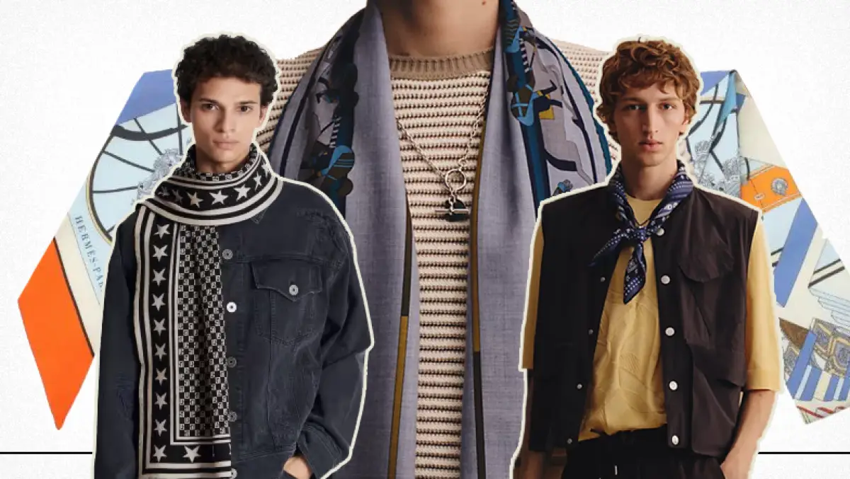 Foto collage de tres modelos que usan mascadas en el cuello