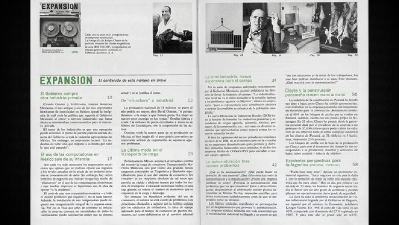 En su primer número, Expansión abordó temas como las nacientes computadoras en los negocios, la intervención del Estado en la industria privada, y el desempeño de la industria en Argentina y Panamá.