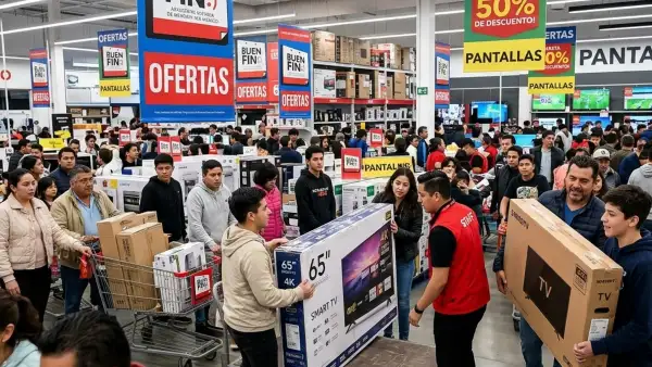 gente en una tienda comprando pantallas durante el buen fin. 