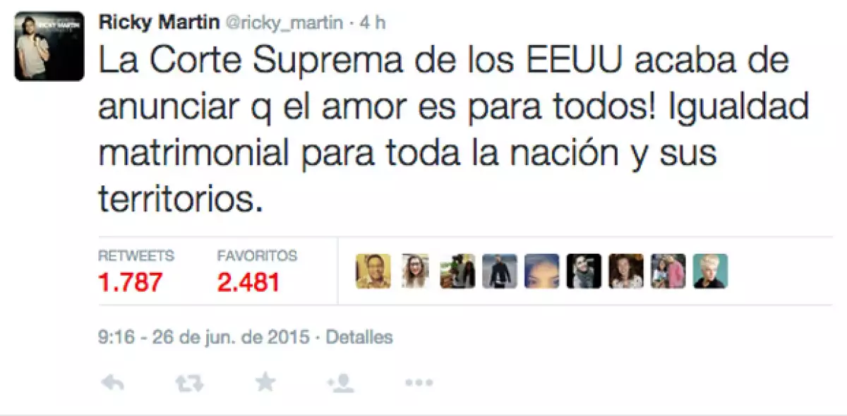 Ricky Martin fue de las primeras celebridades en expresar a través de las redes sociales lo feliz que estaba con la noticia.