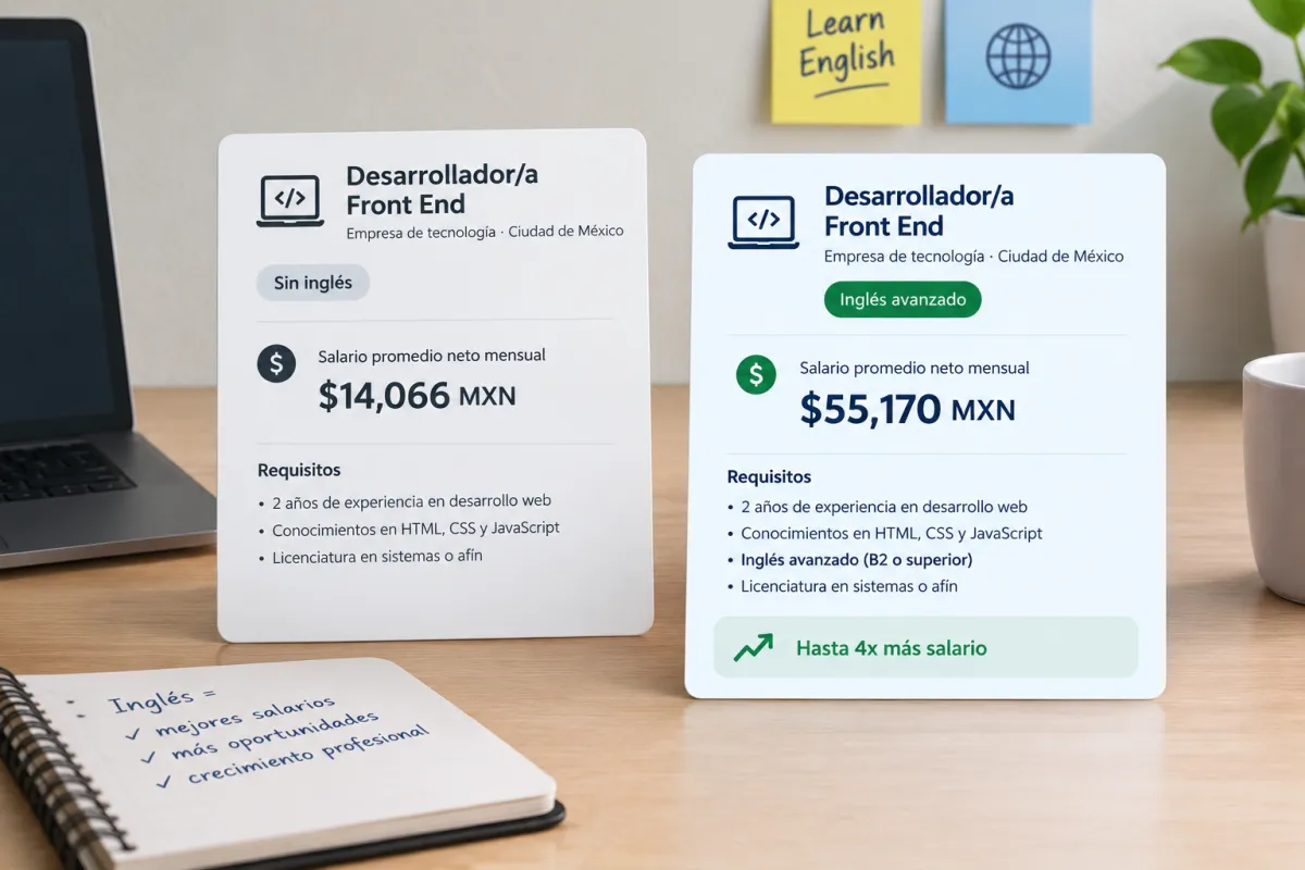 Dos ofertas de empleo para desarrollador Front End comparan salarios mensuales de 14,066 y 55,170 pesos según el nivel de inglés requerido.