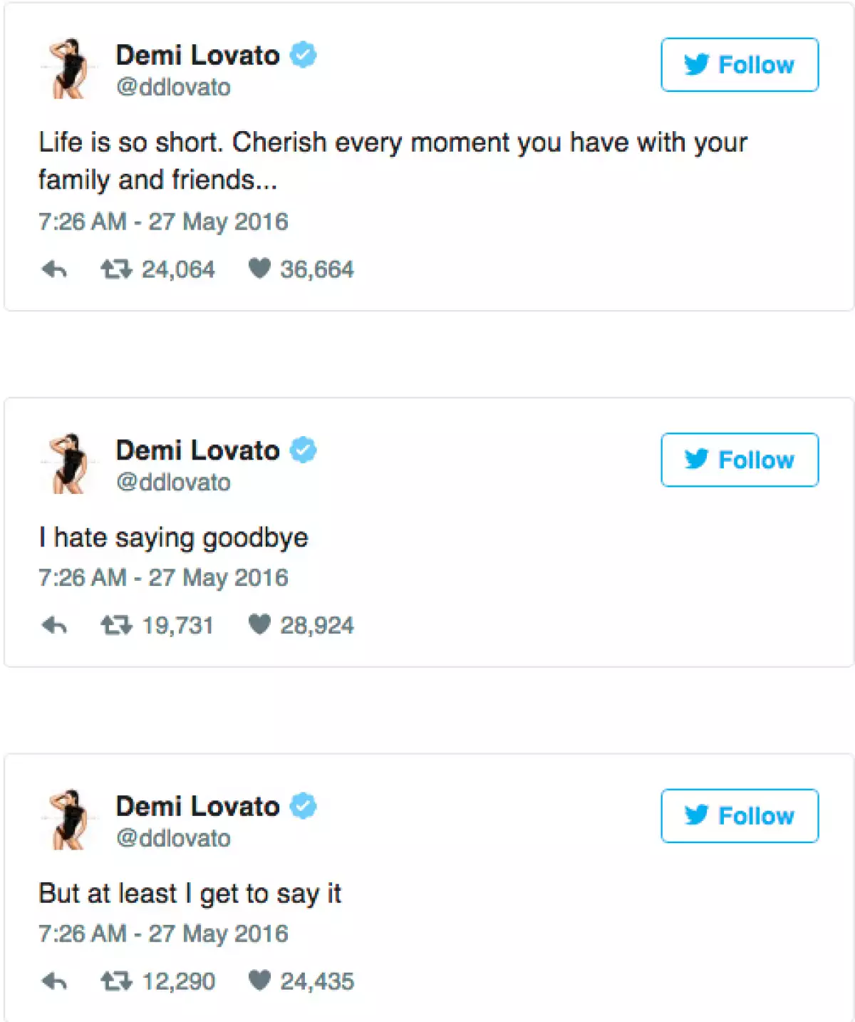 Durante varios días, Demi pidió a sus fans que oraran por su bisabuela, y después de todo lo sucedido les agradeció por sus buenas intenciones.