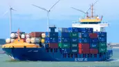Container freight arriving at Rotterdam harbour in the Netherlands