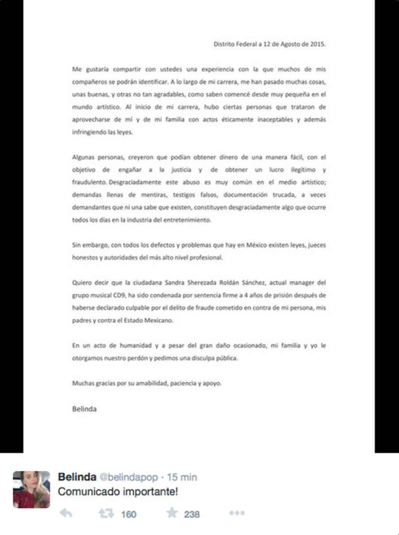 La cantante compartió este comunicado sobre la demandas en su cuenta de Twitter.