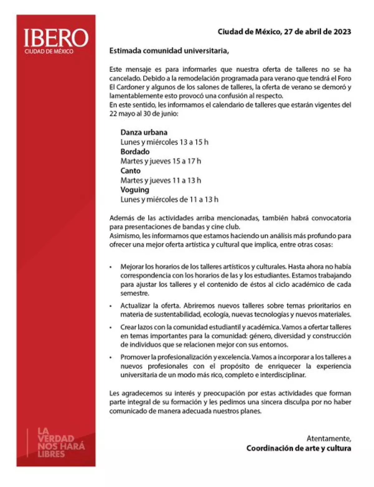 Comunicado de la Universidad Iberoamericana
