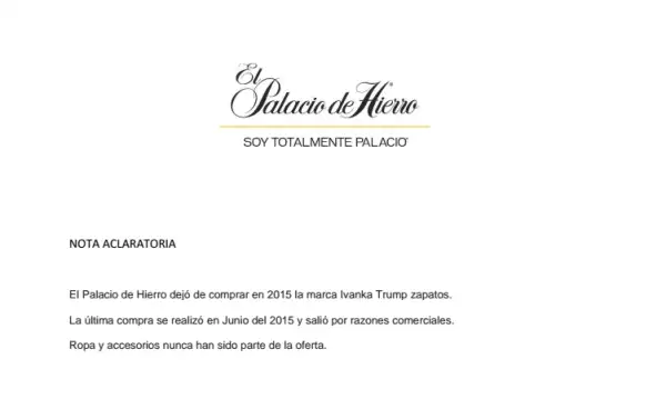 Nota aclaratoria de Palacio de Hierro