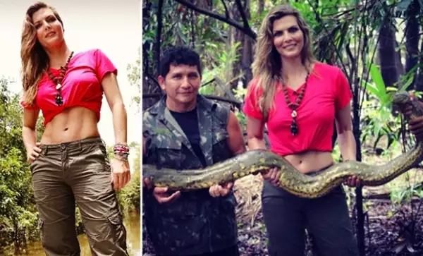 Muy emocionada, la conductora presumió el momento en que encontraron al letal reptil en la selva amazónica, además de su cuerpazo.