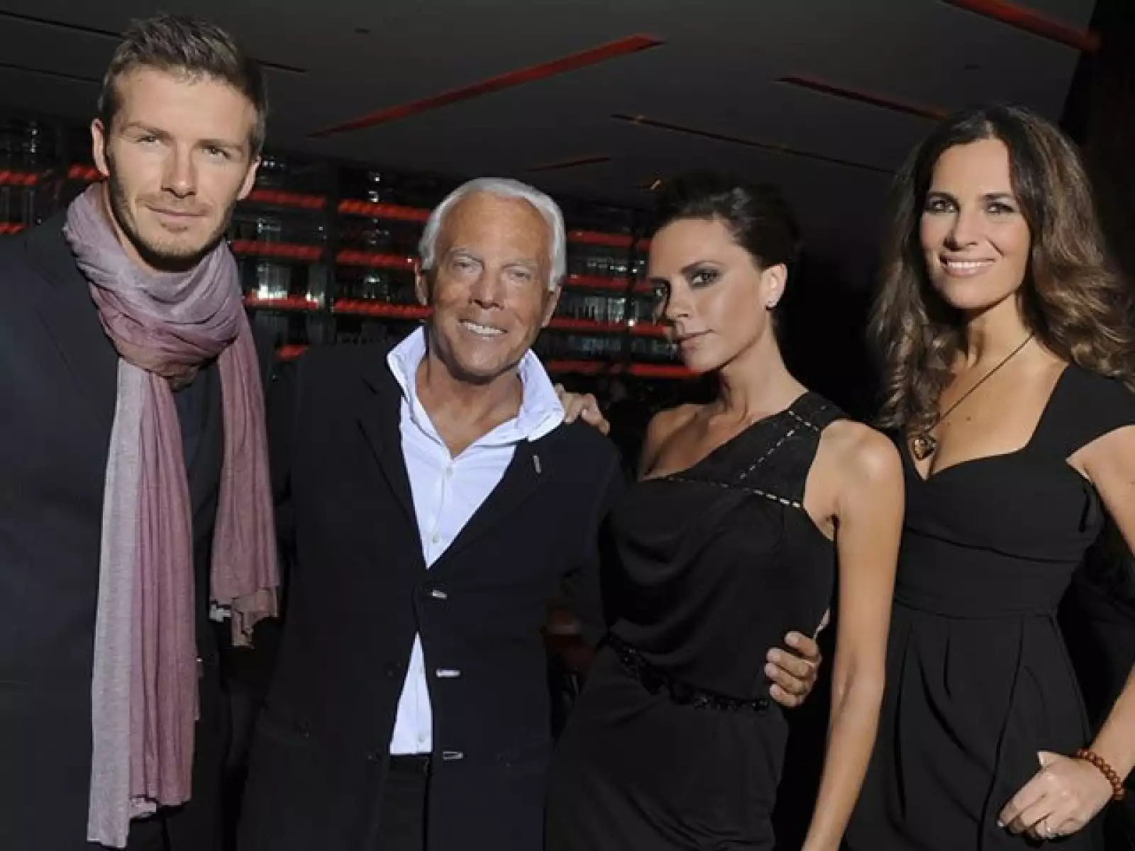 David Beckham, Giorgio Armani y Victoria Beckham, con Roberta, sobrina del diseñador.